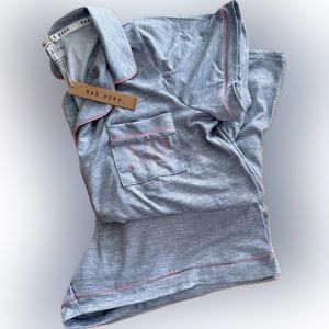 Rae Dunn Gray & Pink SLEEP PajamasPJs Button Up Shirt & Shorts Set Size L NEW!